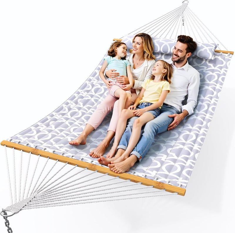 Everyfun Double Hammock with Spreader Bar,Soft Pillow,Max Load 500lbs,Portable Hammock for Outdoor,Camping,and Backyard,White Gray - Image 1